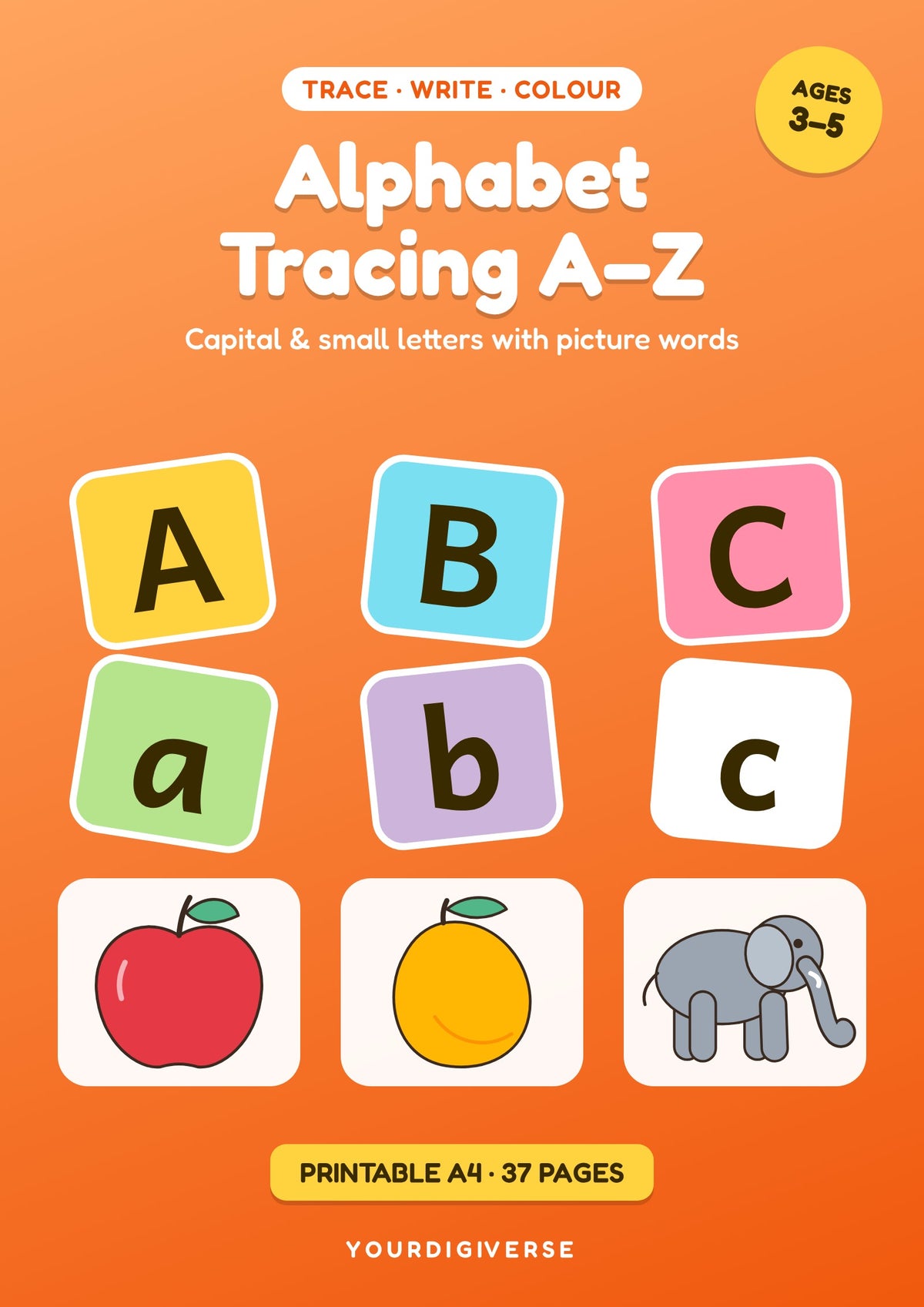 Alphabet Tracing A–Z Workbook — Capital & Small Letters with Picture Words, Kids 3–5 (A4 PDF)