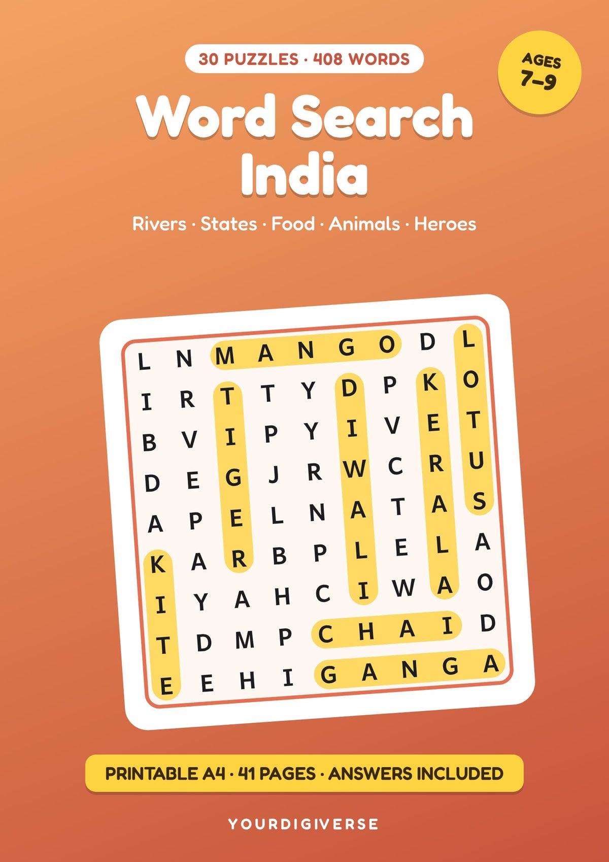 Word Search India — 30 Puzzles, 408 Words About India, Kids 7–9 (A4 PDF)