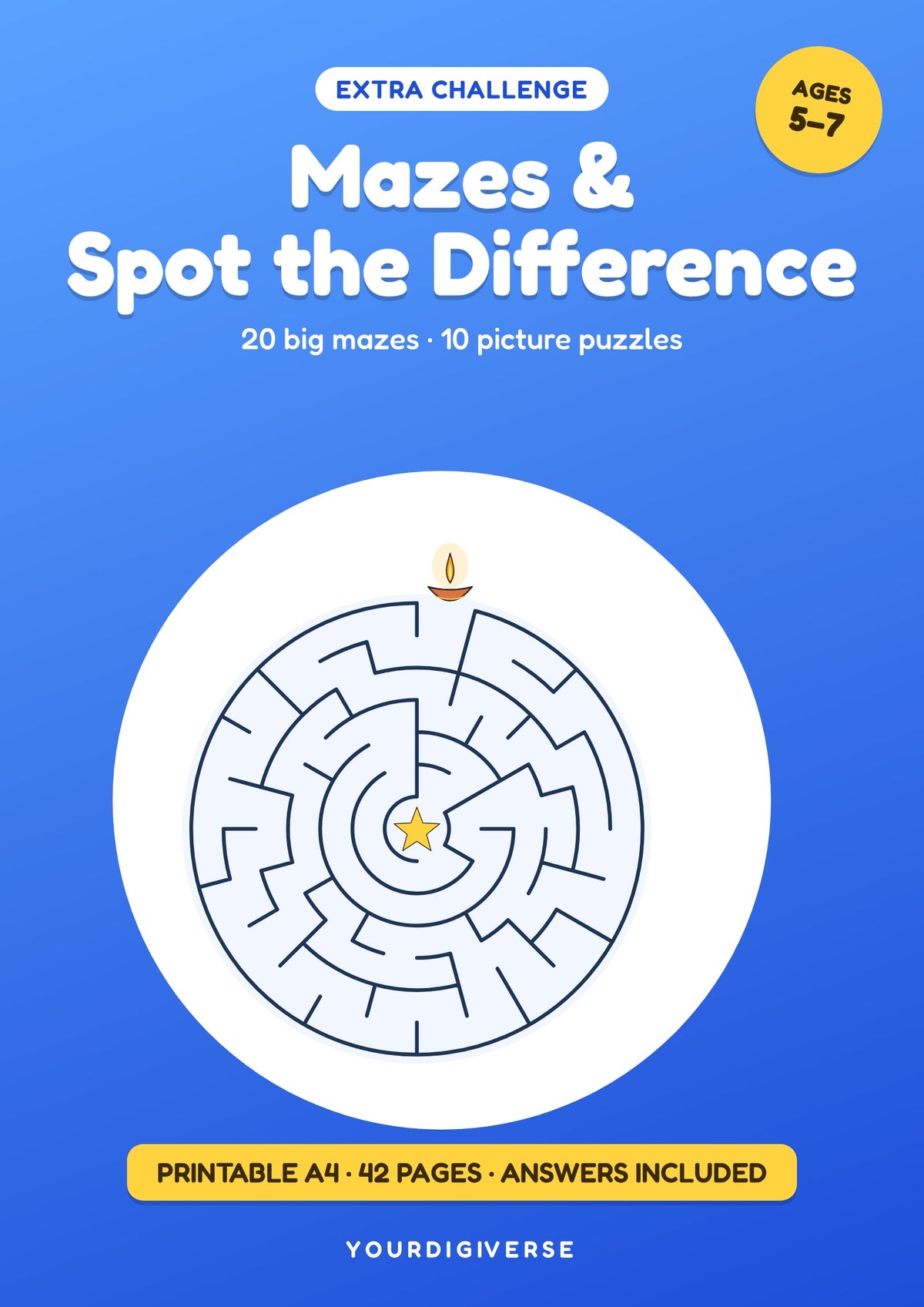 Mazes & Spot the Difference — 20 Big Mazes + 10 Picture Puzzles, Kids 5–7 (A4 PDF)