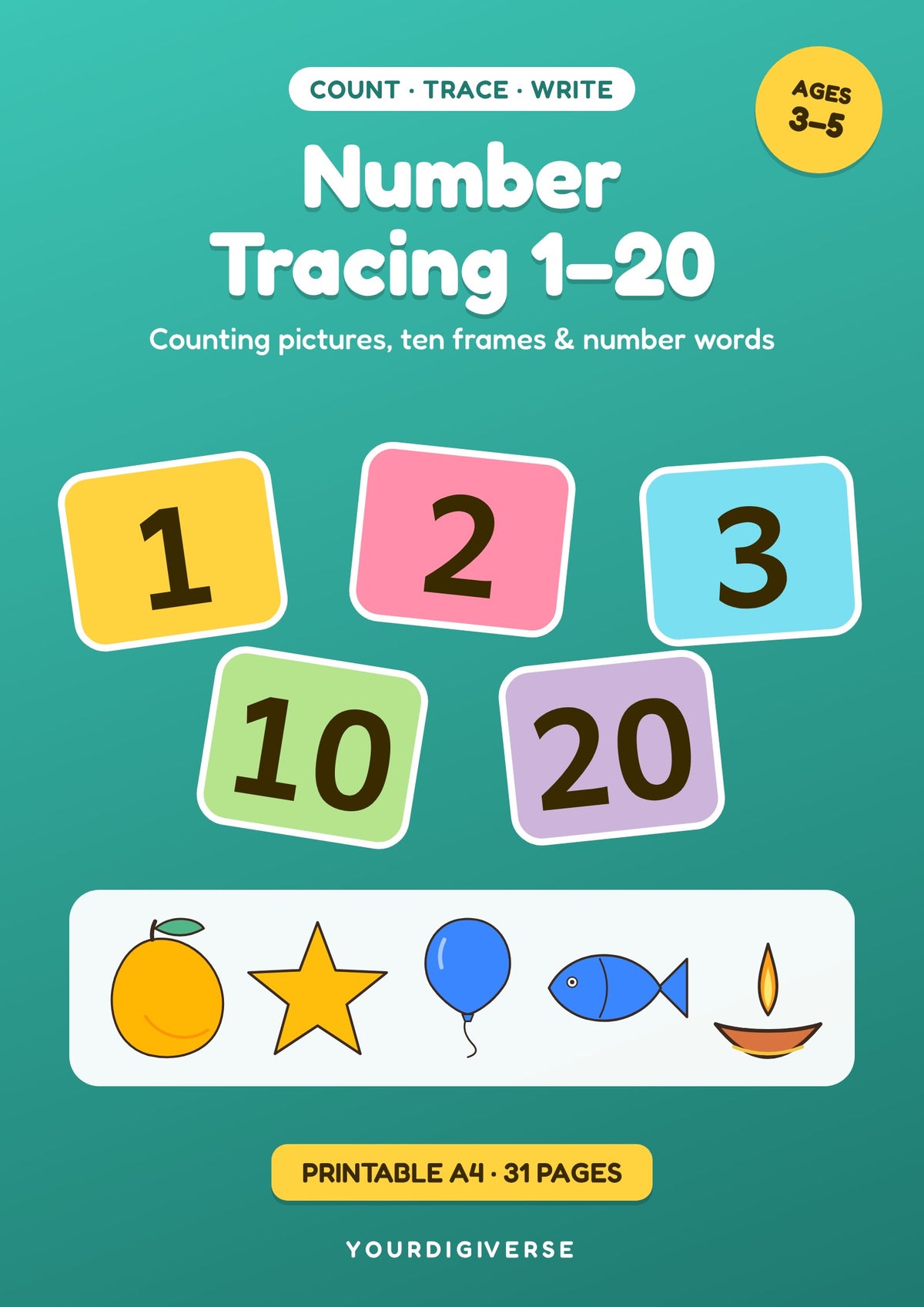 Number Tracing 1–20 Workbook — Counting, Ten Frames & Number Words, Kids 3–5 (A4 PDF)