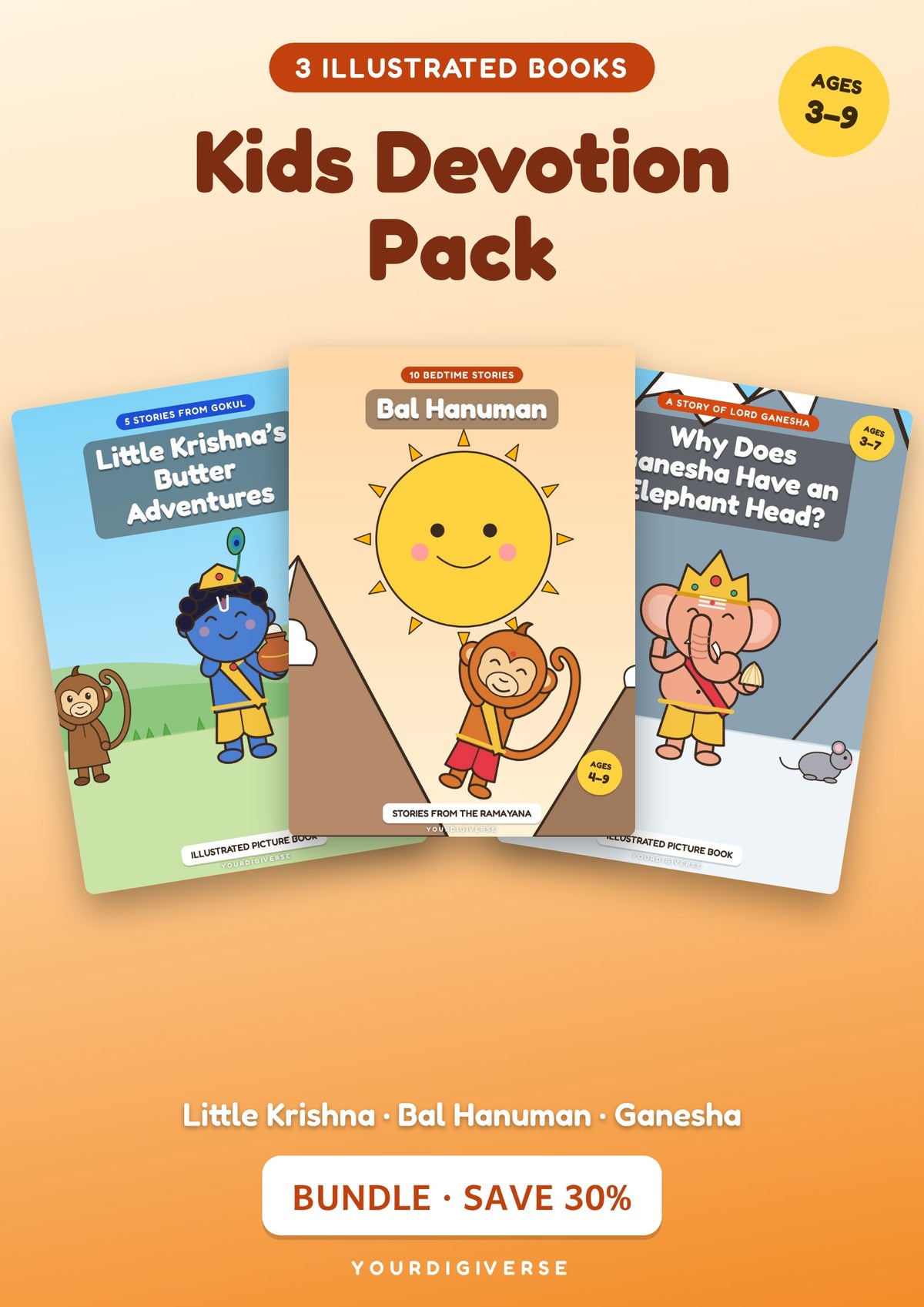 Kids Devotion Pack — Little Krishna + Bal Hanuman + Ganesha (3 Illustrated Books)