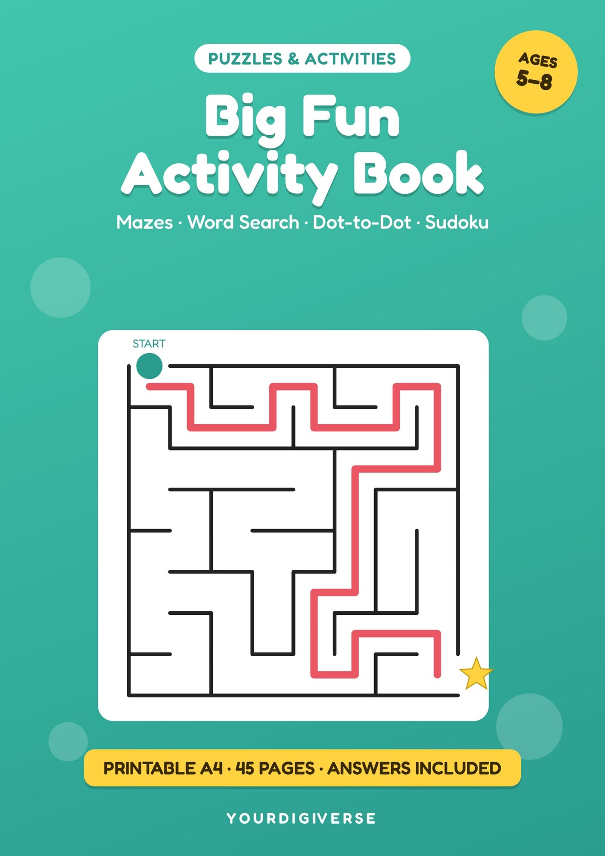 Big Fun Activity Book — Mazes, Word Search, Dot-to-Dot & Mini Sudoku for Kids 5–8 (A4 PDF)
