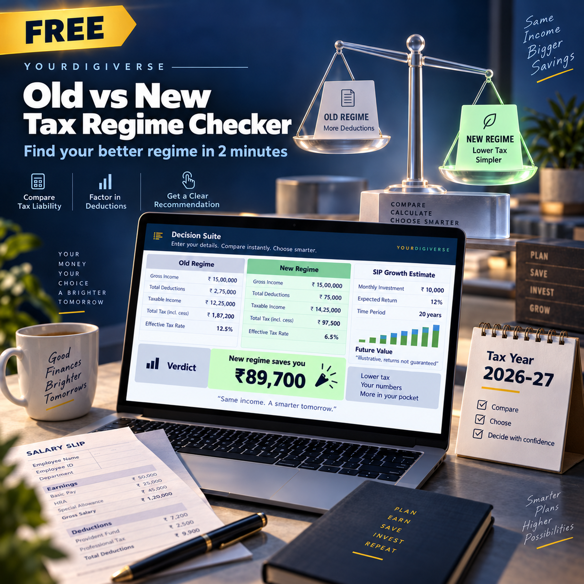 A promotional graphic for an 'Old vs New Tax Regime Checker' by YourDigiVerse, showing a laptop displaying a comparison dashboard, a physical calendar labeled 'Tax Year 2026-27', a coffee mug, and various tax-related documents on a desk against a dark blue background.