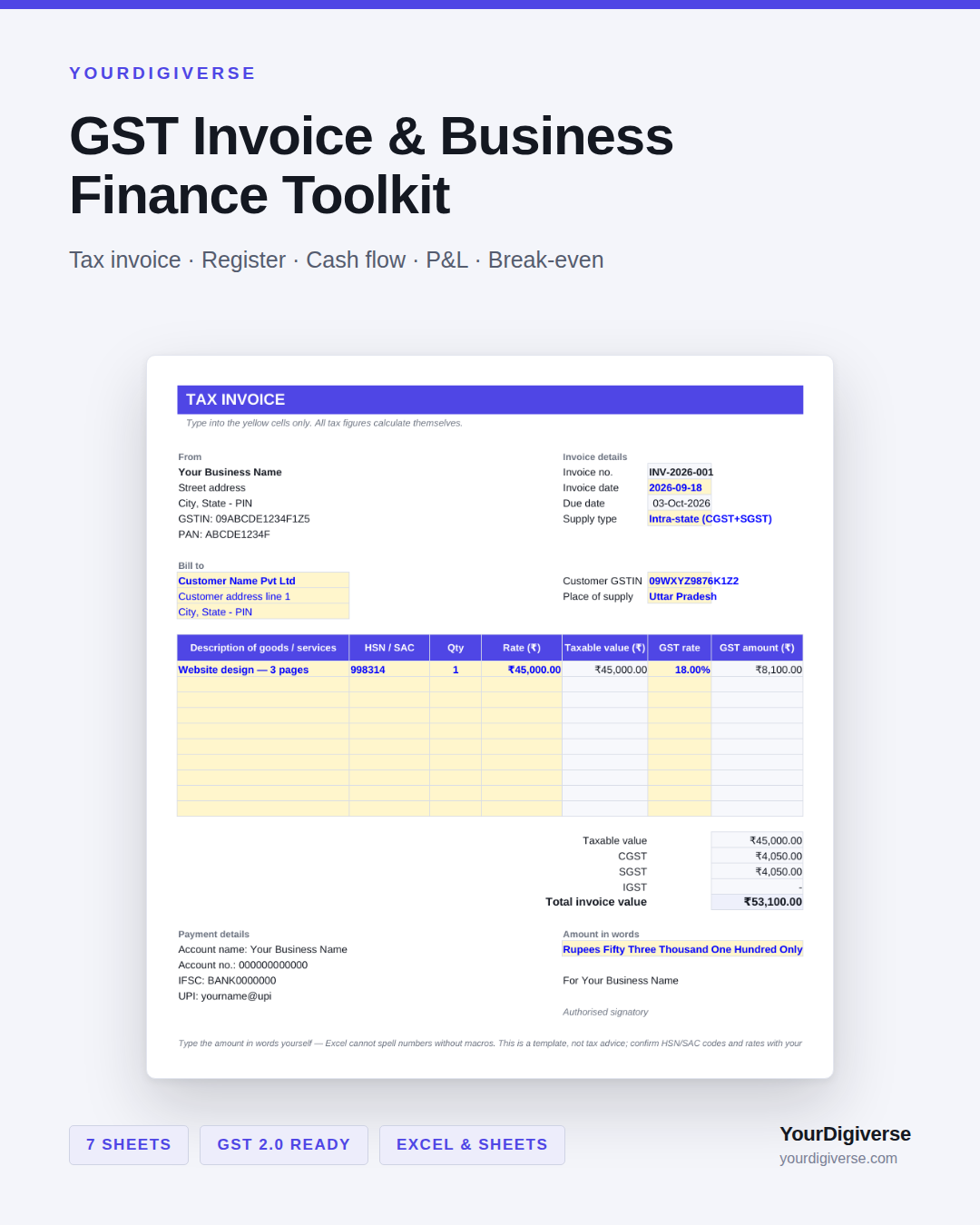 GST Invoice & Business Finance Toolkit — cover by YourDigiverse
