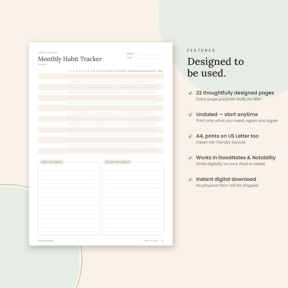 Habit Tracker sample page (Monthly Habit Tracker) – undated A4 printable, GoodNotes-ready