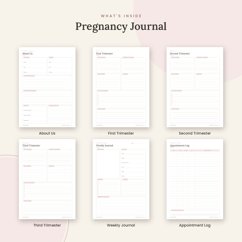 Inside the Pregnancy Journal printable: About Us, First Trimester, Second Trimester pages