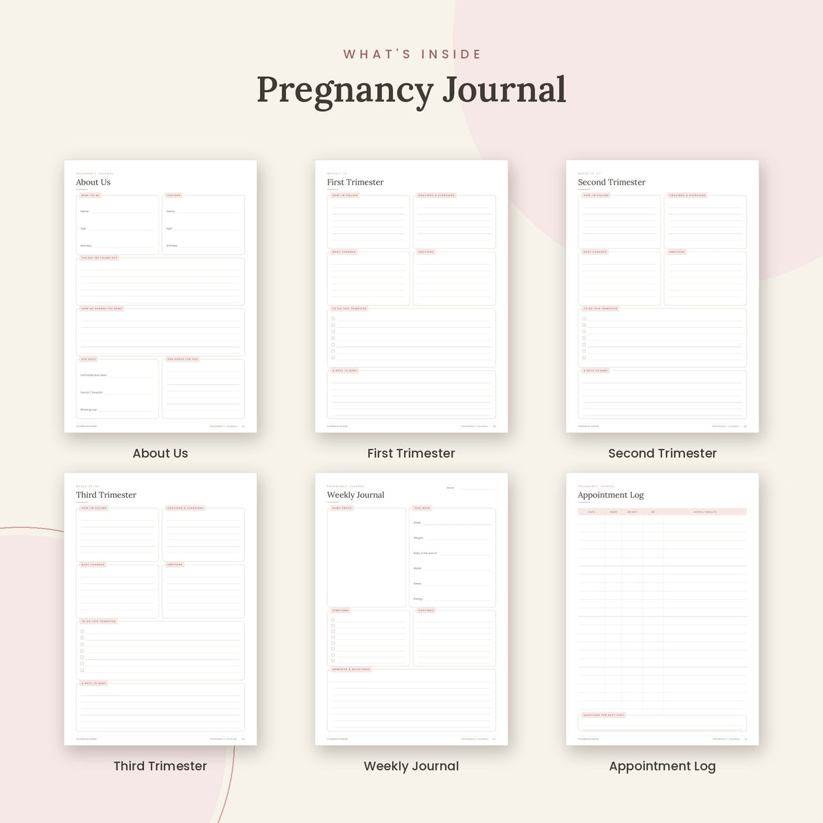 Inside the Pregnancy Journal printable: About Us, First Trimester, Second Trimester pages