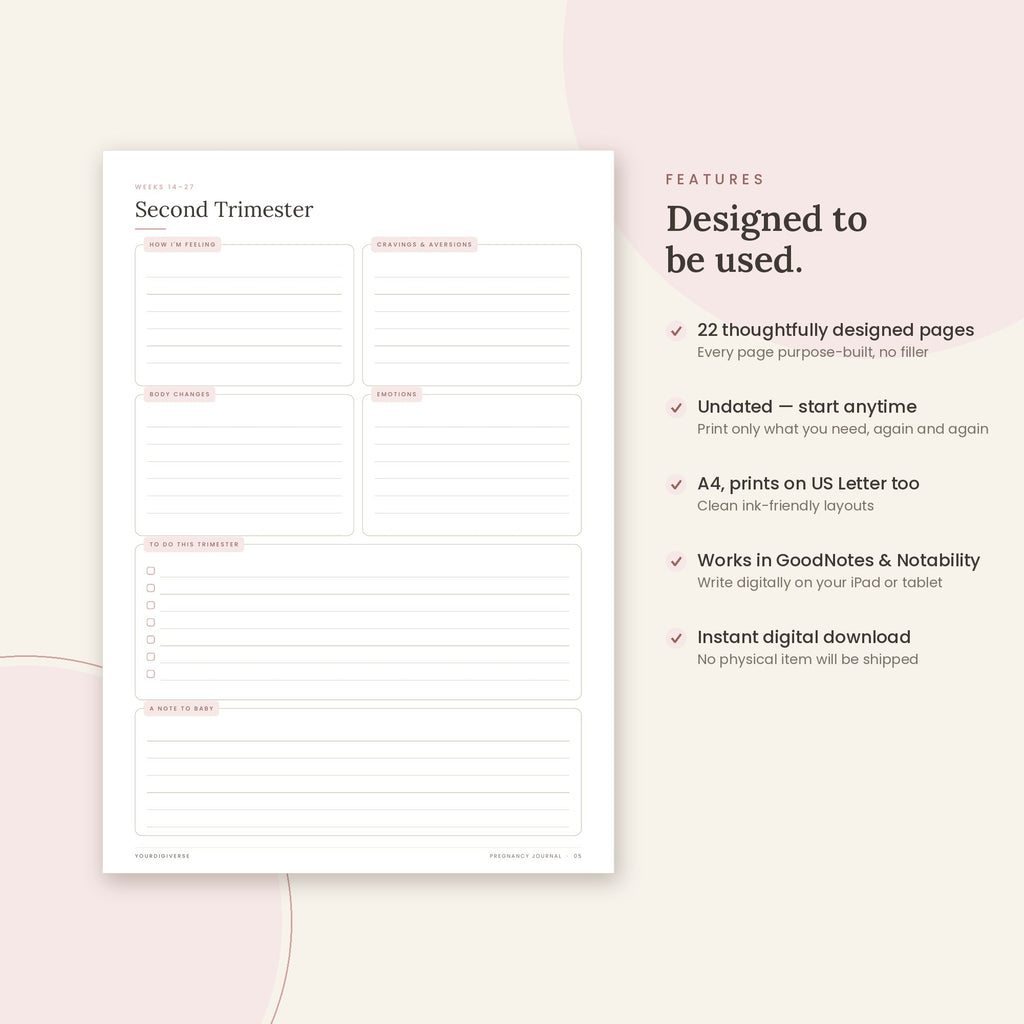 Pregnancy Journal sample page (Second Trimester) – undated A4 printable, GoodNotes-ready
