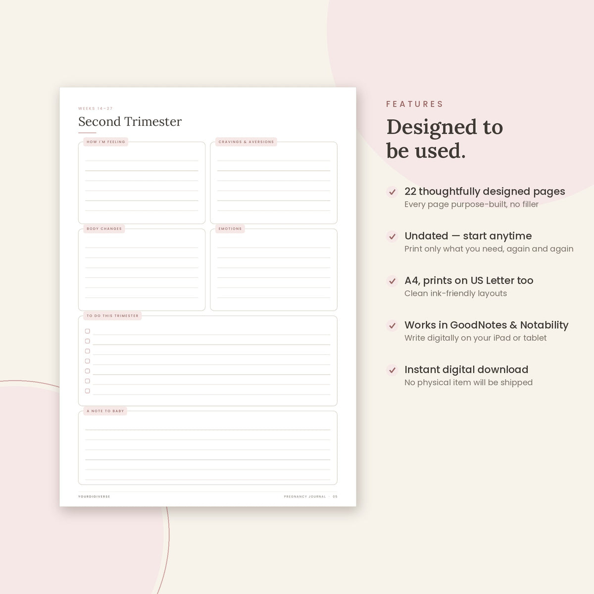 Pregnancy Journal sample page (Second Trimester) – undated A4 printable, GoodNotes-ready