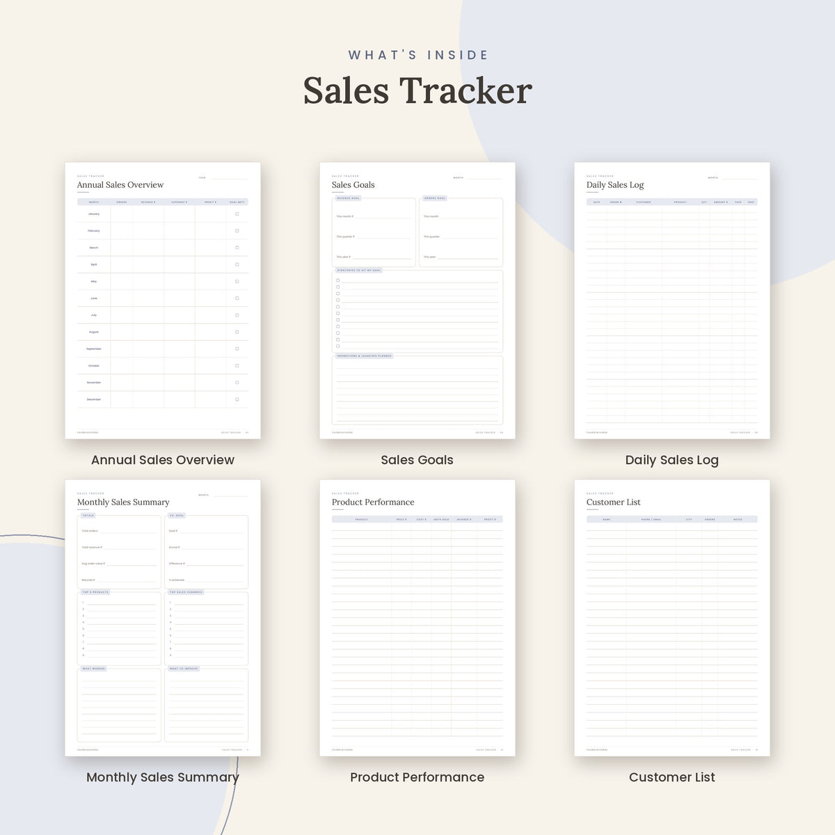 Inside the Sales Tracker printable: Annual Sales Overview, Sales Goals, Daily Sales Log pages
