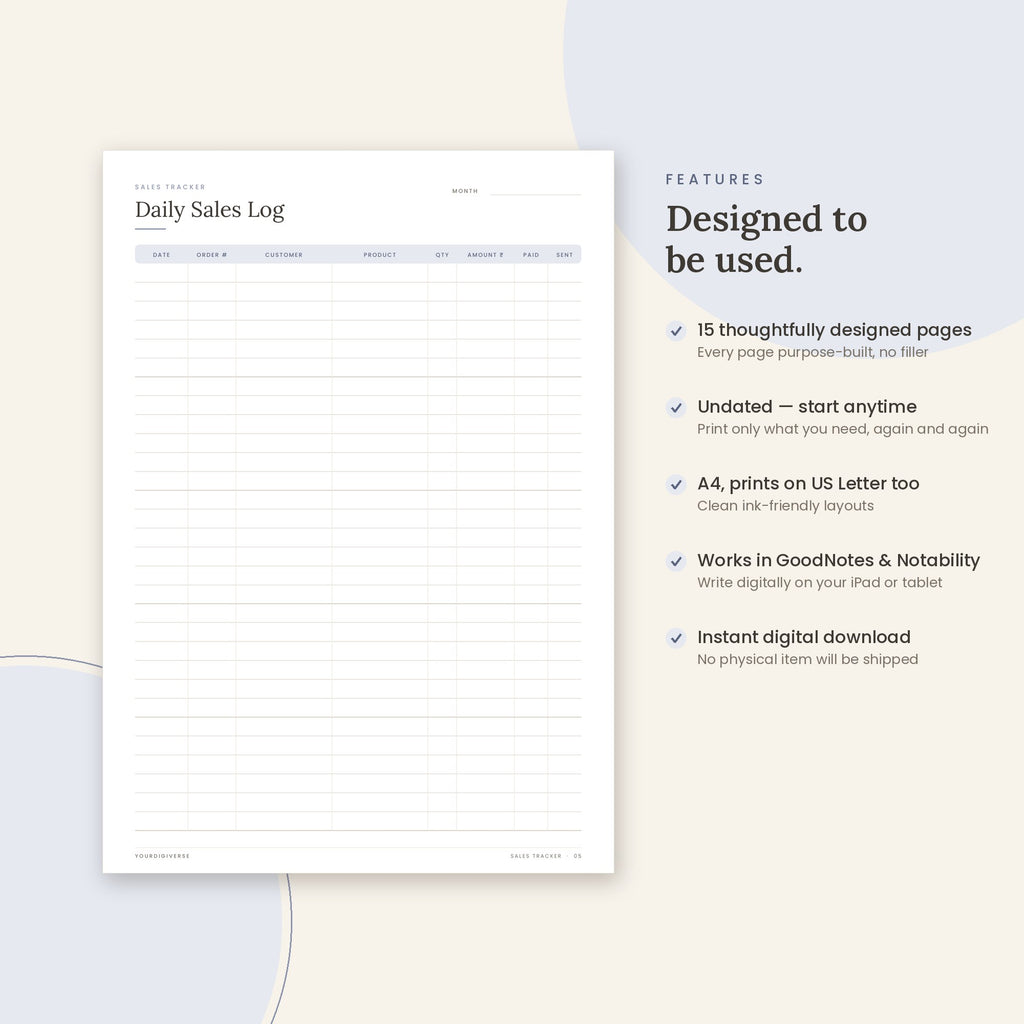 Sales Tracker sample page (Daily Sales Log) – undated A4 printable, GoodNotes-ready