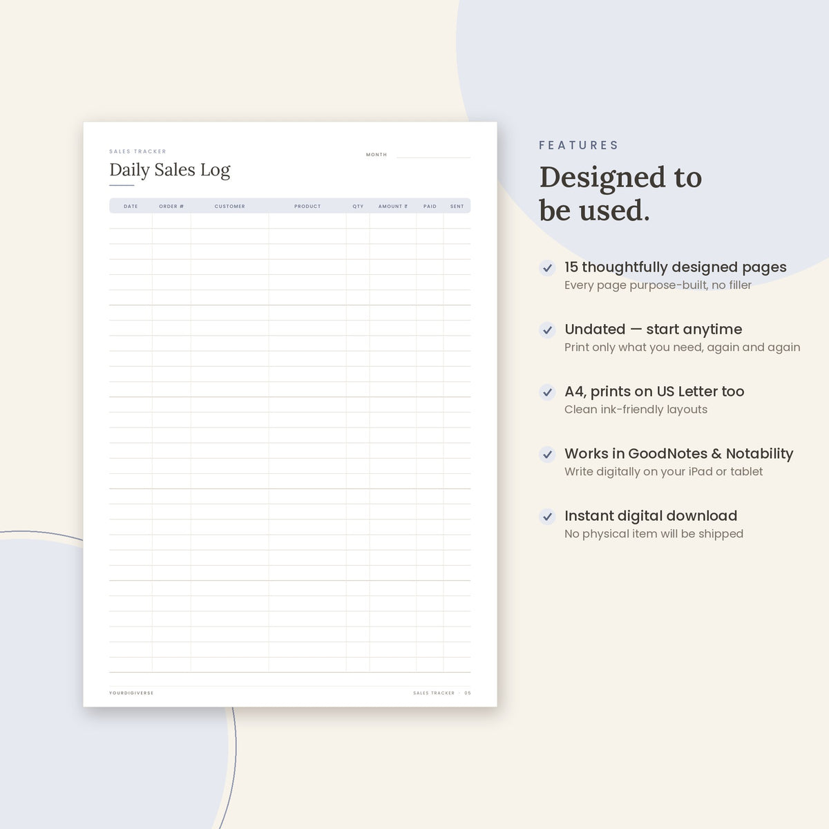 Sales Tracker sample page (Daily Sales Log) – undated A4 printable, GoodNotes-ready