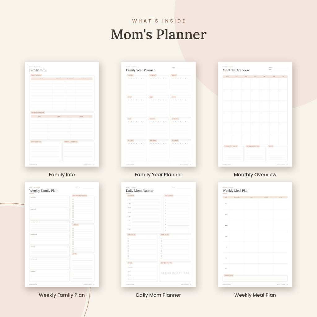 Inside the Mom's Planner printable: Family Info, Family Year Planner, Monthly Overview pages