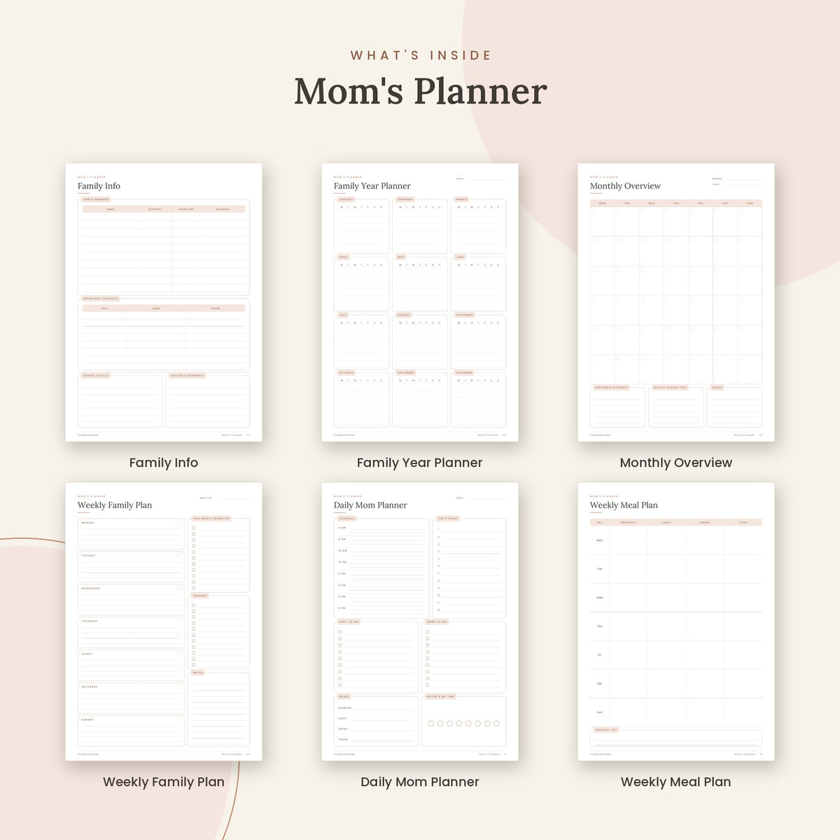 Inside the Mom's Planner printable: Family Info, Family Year Planner, Monthly Overview pages