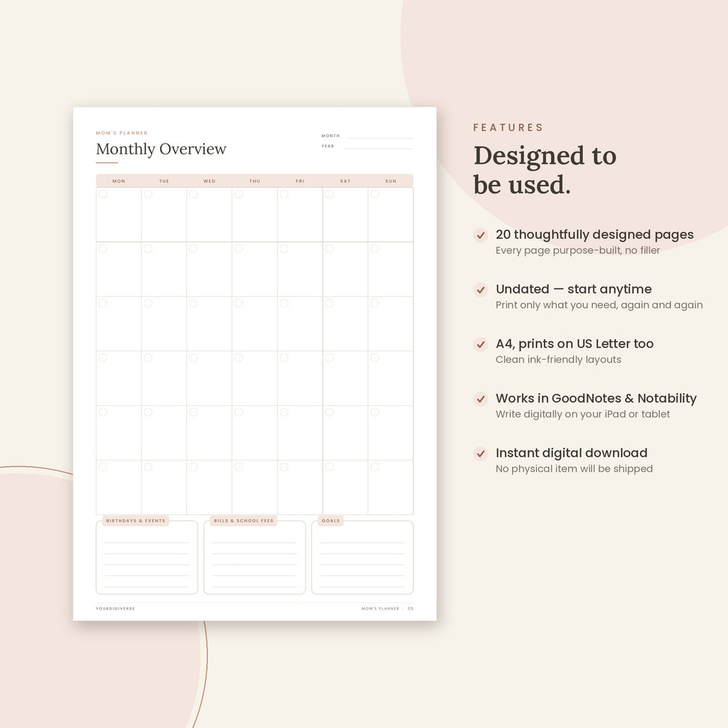 Mom's Planner sample page (Monthly Overview) – undated A4 printable, GoodNotes-ready
