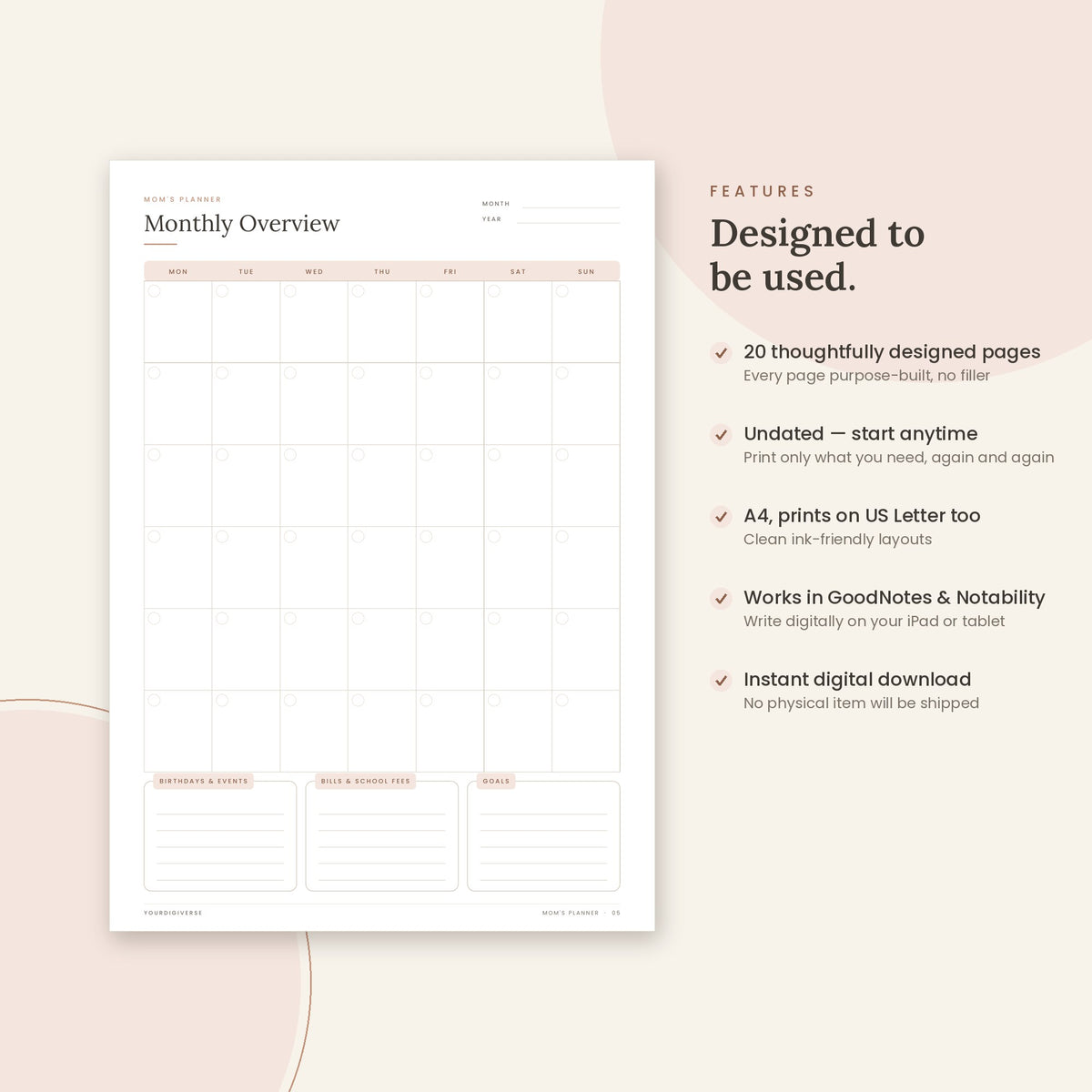 Mom's Planner sample page (Monthly Overview) – undated A4 printable, GoodNotes-ready