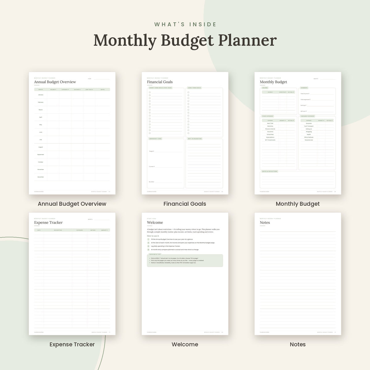 Inside the Monthly Budget Planner printable: Annual Budget Overview, Financial Goals, Monthly Budget pages