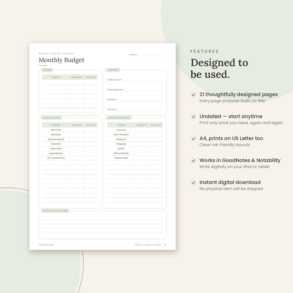 Monthly Budget Planner sample page (Monthly Budget) – undated A4 printable, GoodNotes-ready