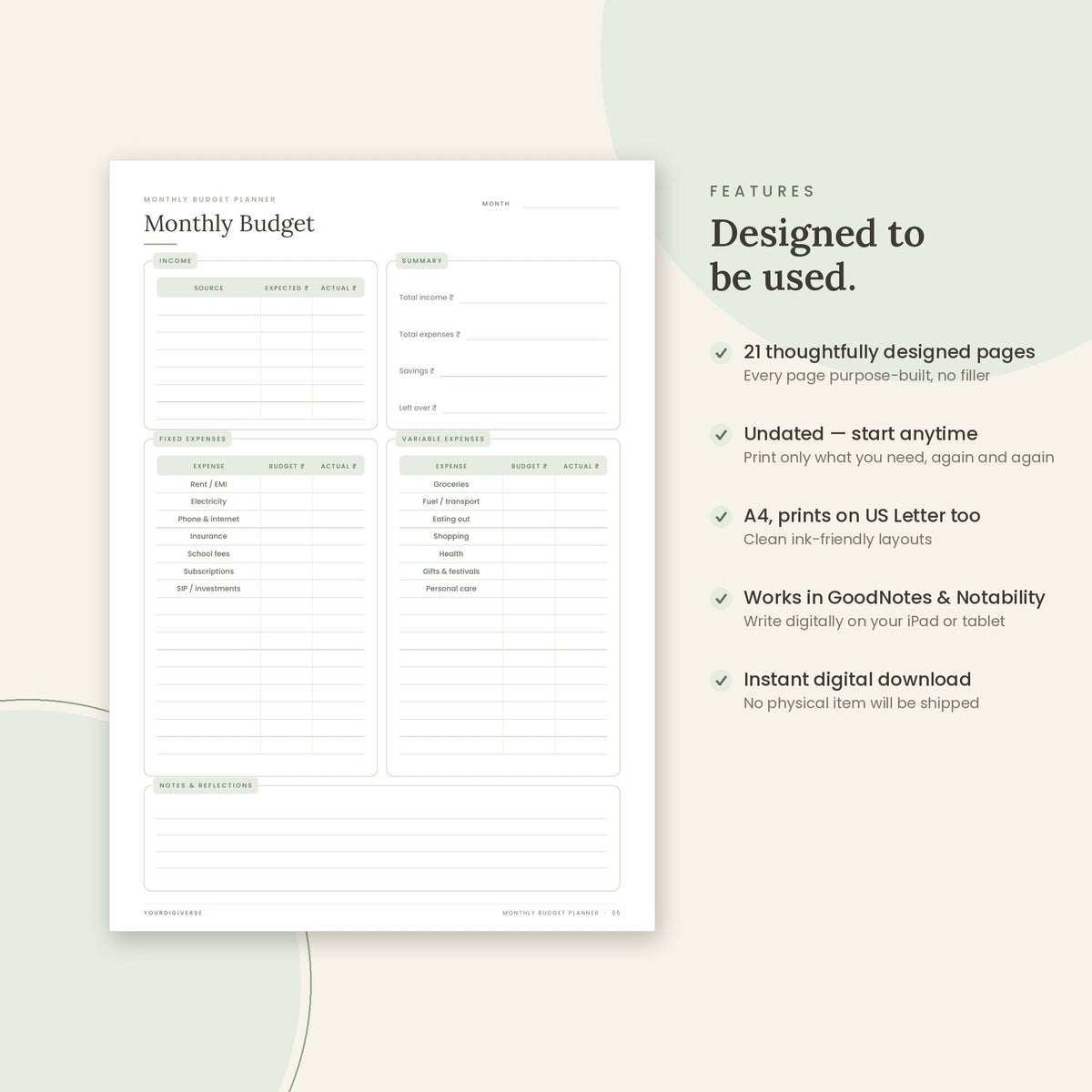 Monthly Budget Planner sample page (Monthly Budget) – undated A4 printable, GoodNotes-ready