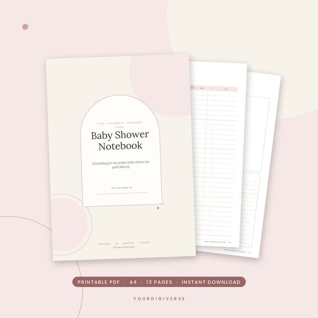 Baby shower planner printable – Baby Shower Notebook A4 PDF cover, instant download from YourDigiverse