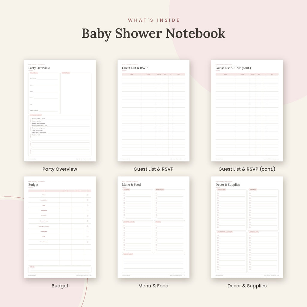 Inside the Baby Shower Notebook printable: Party Overview, Guest List & RSVP pages