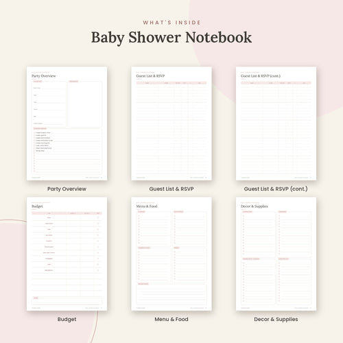 Inside the Baby Shower Notebook printable: Party Overview, Guest List & RSVP pages