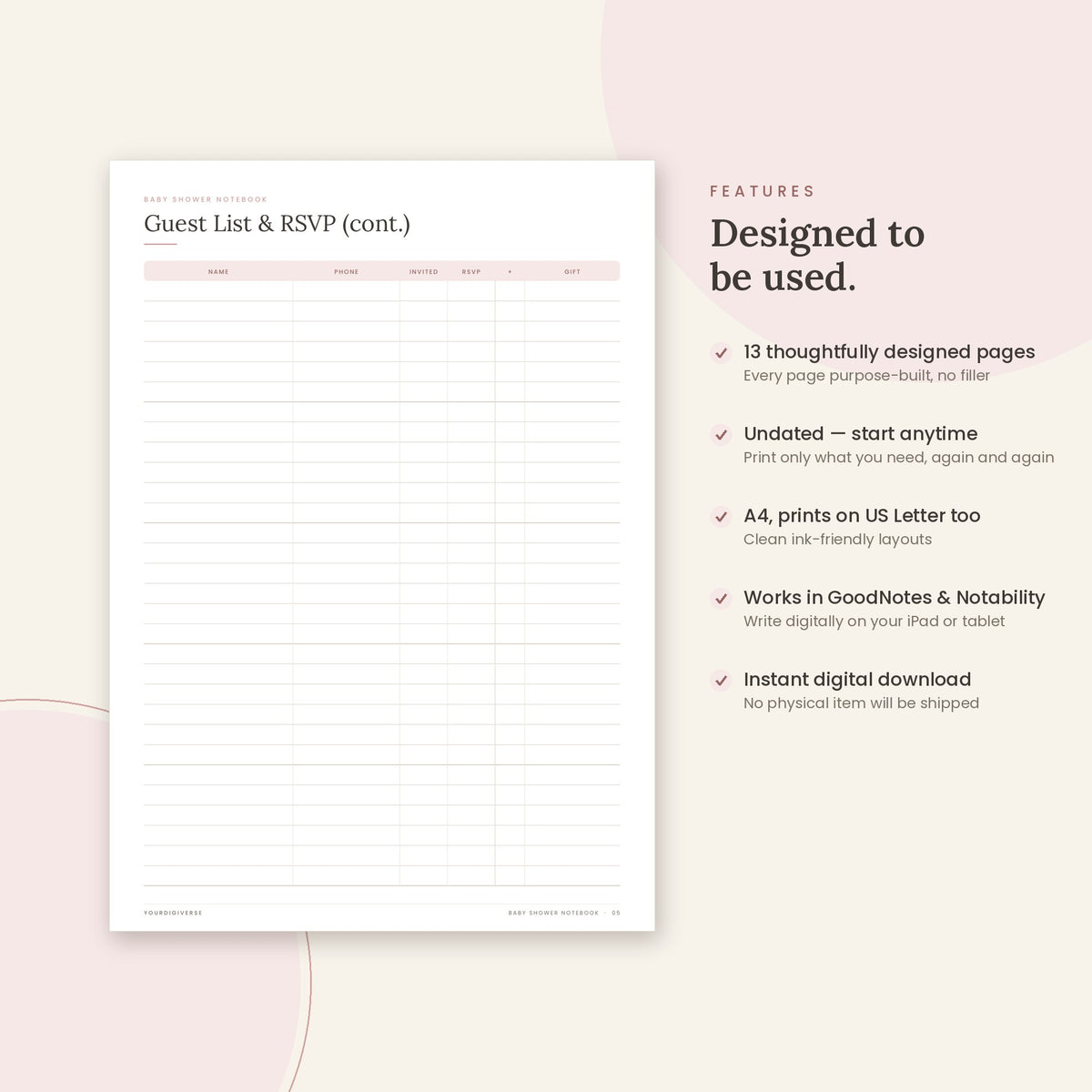 Baby Shower Notebook sample page (Guest List & RSVP) – undated A4 printable, GoodNotes-ready