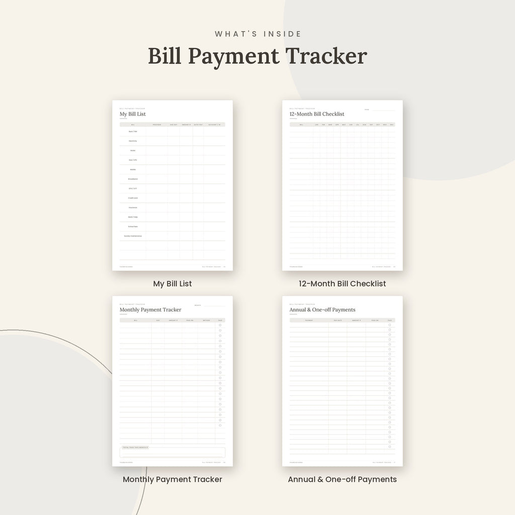 Inside the Bill Payment Tracker printable: My Bill List, 12-Month Bill Checklist, Monthly Payment Tracker pages