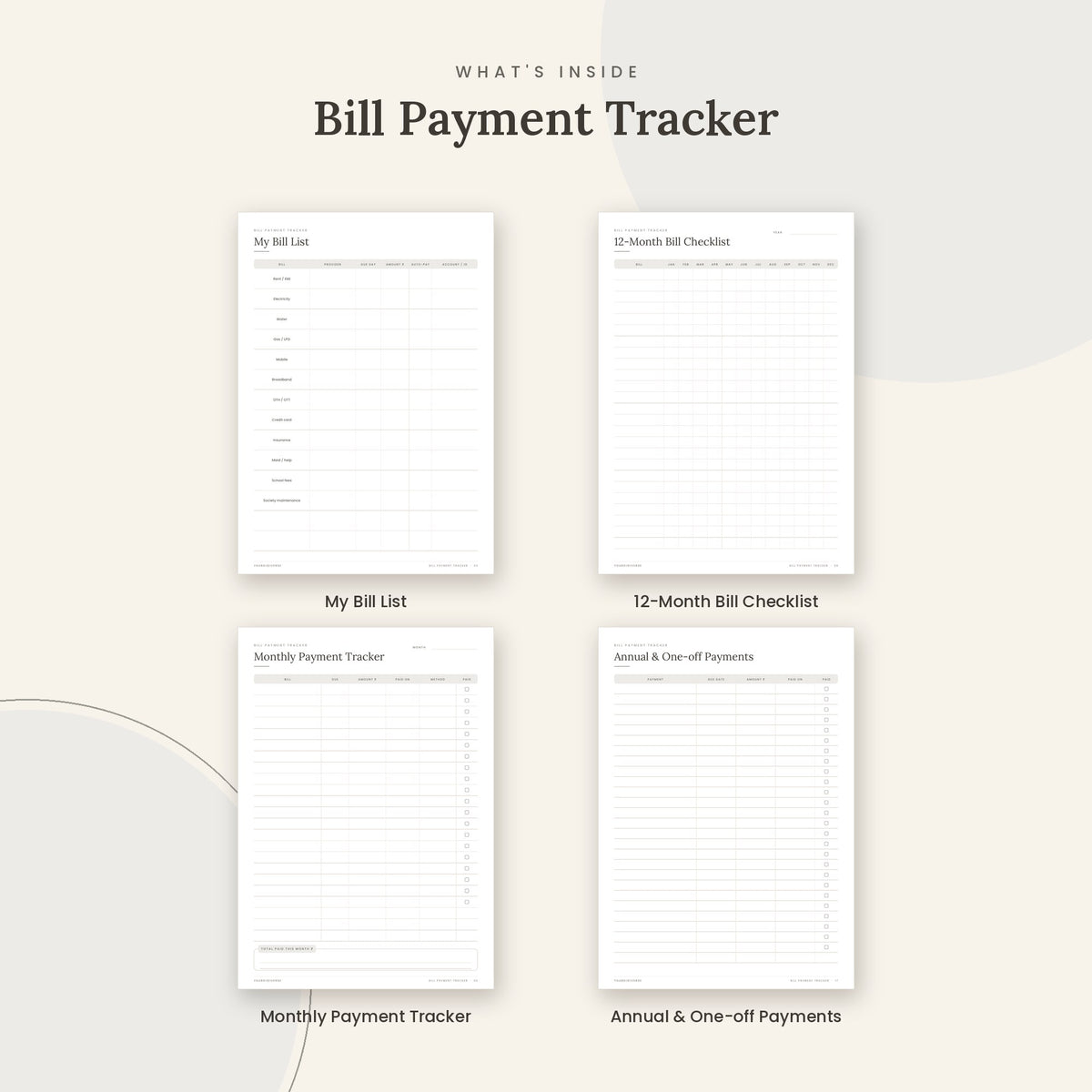 Inside the Bill Payment Tracker printable: My Bill List, 12-Month Bill Checklist, Monthly Payment Tracker pages