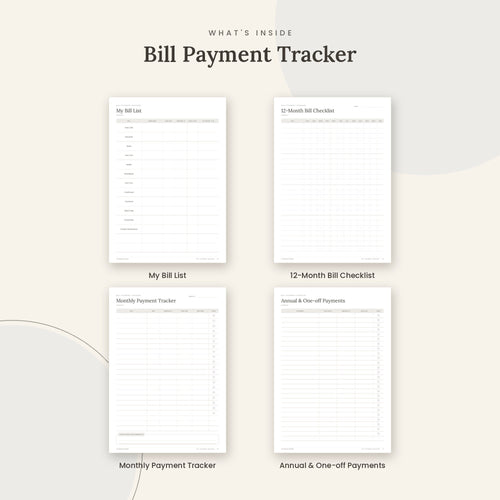 Inside the Bill Payment Tracker printable: My Bill List, 12-Month Bill Checklist, Monthly Payment Tracker pages