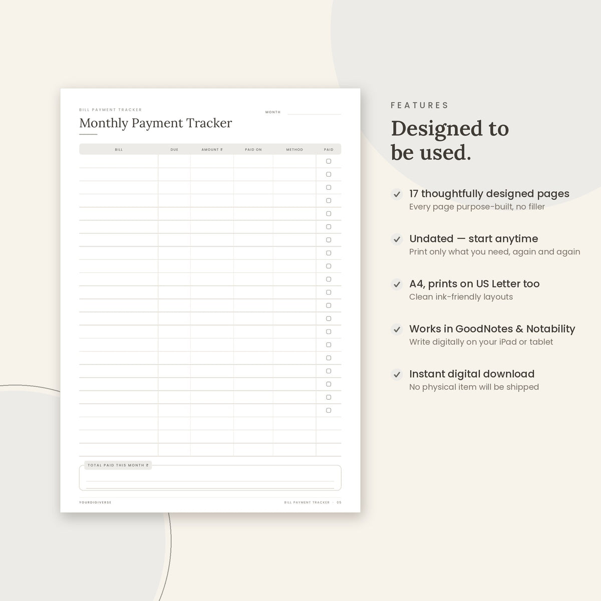 Bill Payment Tracker sample page (Monthly Payment Tracker) – undated A4 printable, GoodNotes-ready