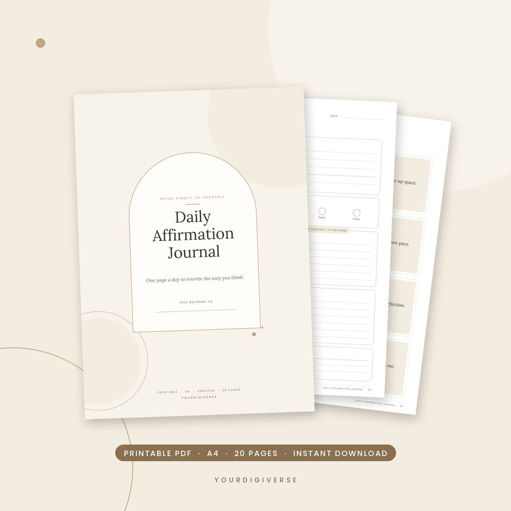 Affirmation journal printable – Daily Affirmation Journal A4 PDF cover, instant download from YourDigiverse