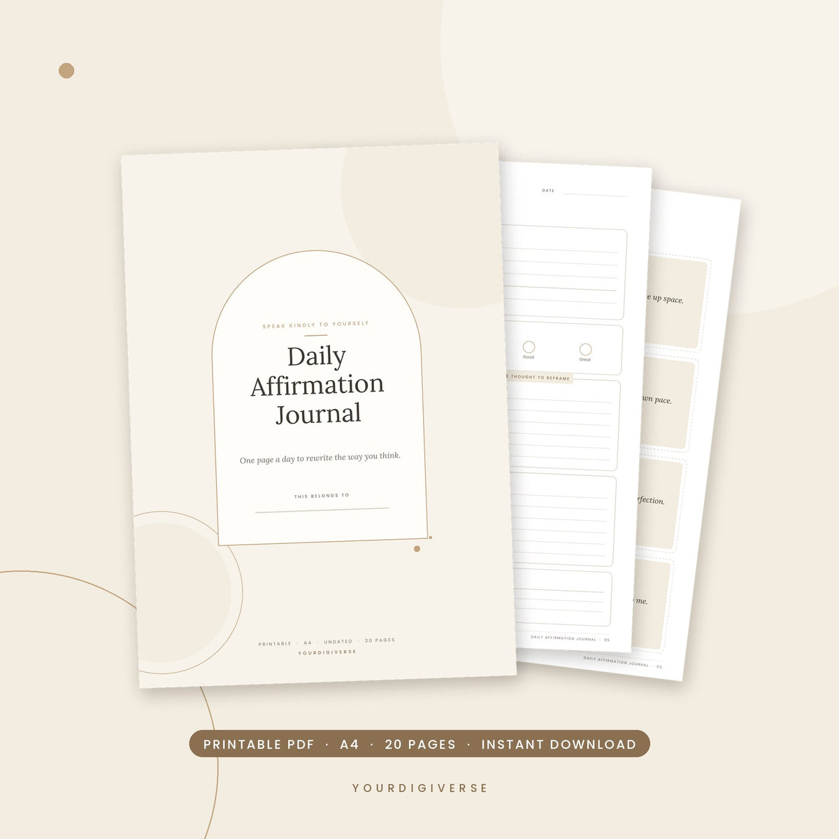 Affirmation journal printable – Daily Affirmation Journal A4 PDF cover, instant download from YourDigiverse