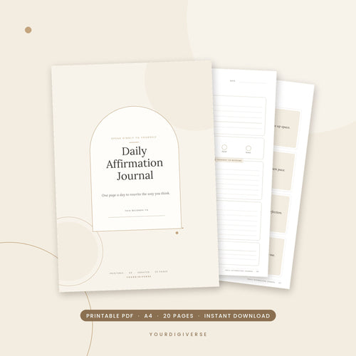 Affirmation journal printable – Daily Affirmation Journal A4 PDF cover, instant download from YourDigiverse