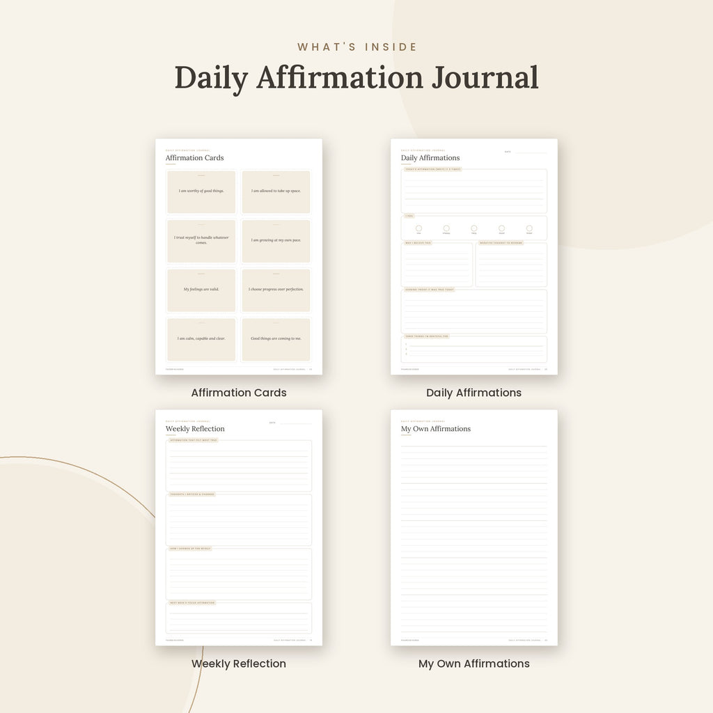 Inside the Daily Affirmation Journal printable: Affirmation Cards, Daily Affirmations, Weekly Reflection pages