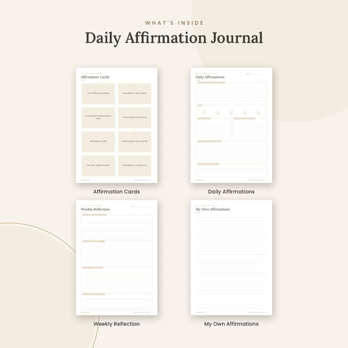 Inside the Daily Affirmation Journal printable: Affirmation Cards, Daily Affirmations, Weekly Reflection pages