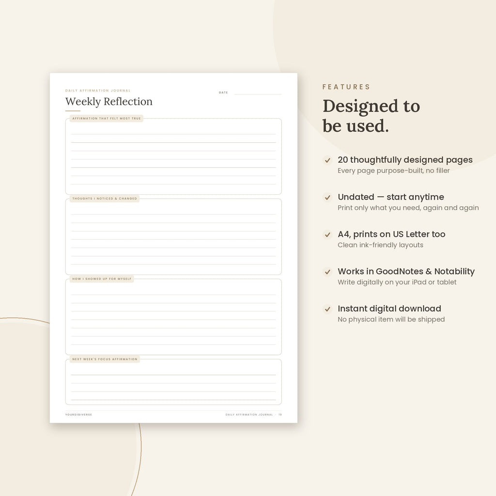 Daily Affirmation Journal sample page (Weekly Reflection) – undated A4 printable, GoodNotes-ready