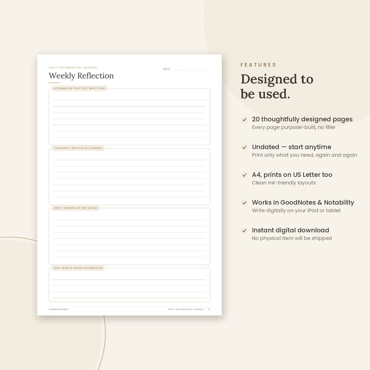 Daily Affirmation Journal sample page (Weekly Reflection) – undated A4 printable, GoodNotes-ready