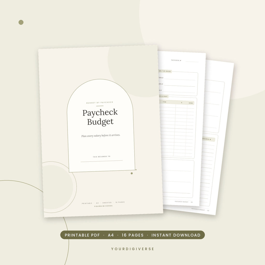 Paycheck budget planner – Paycheck Budget A4 PDF cover, instant download from YourDigiverse