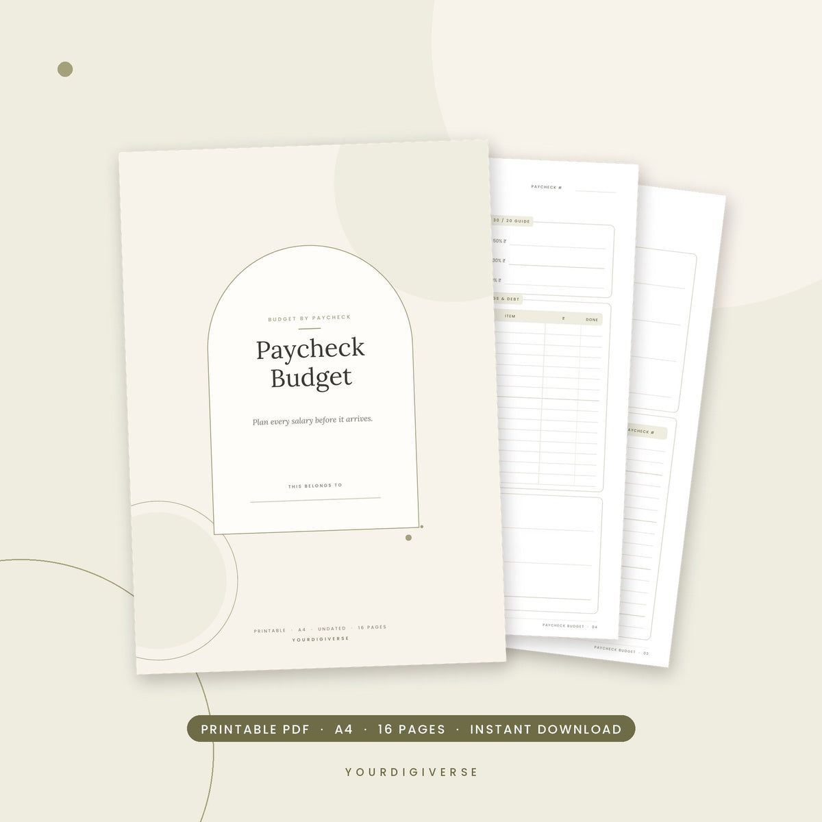 Paycheck budget planner – Paycheck Budget A4 PDF cover, instant download from YourDigiverse