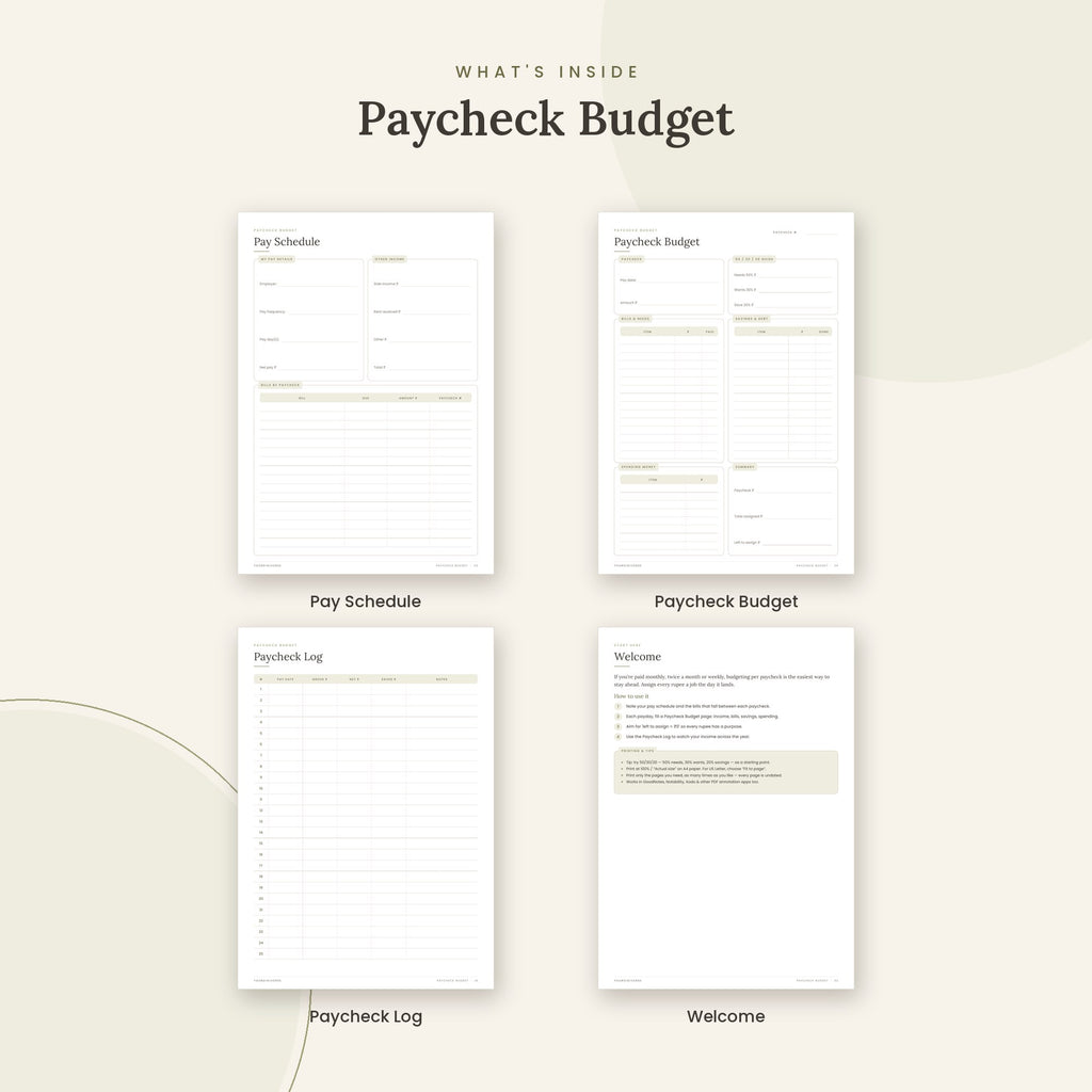 Inside the Paycheck Budget printable: Pay Schedule, Paycheck Budget, Paycheck Log pages