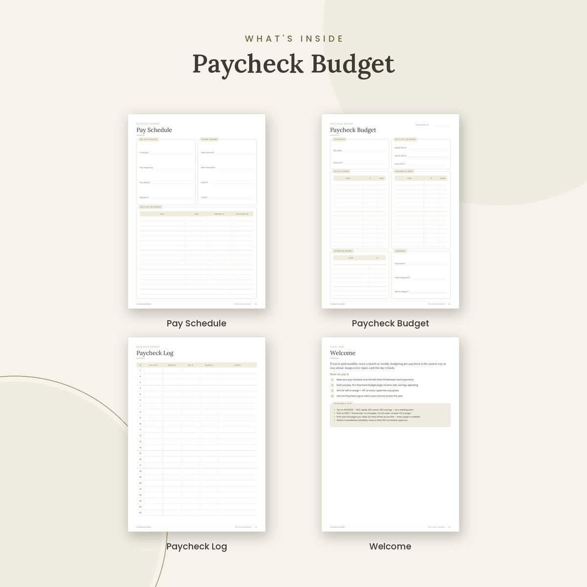 Inside the Paycheck Budget printable: Pay Schedule, Paycheck Budget, Paycheck Log pages