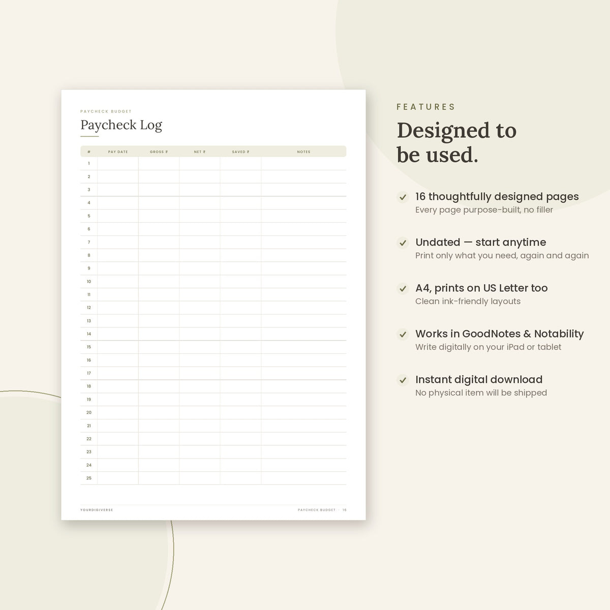 Paycheck Budget sample page (Paycheck Log) – undated A4 printable, GoodNotes-ready