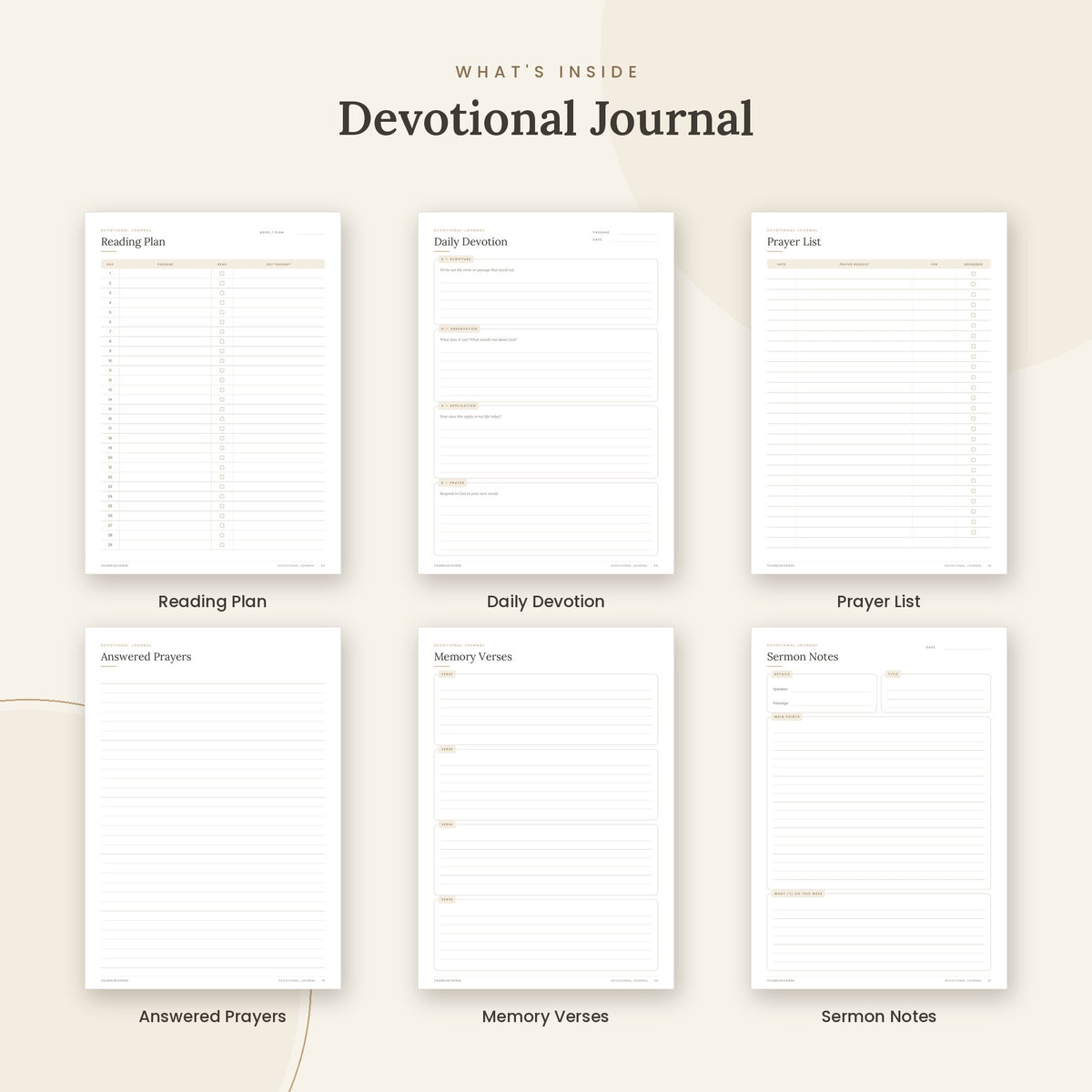 Inside the Devotional Journal printable: Reading Plan, Daily Devotion, Prayer List pages