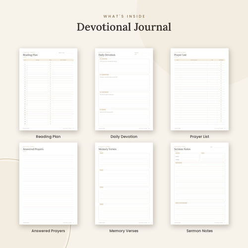 Inside the Devotional Journal printable: Reading Plan, Daily Devotion, Prayer List pages