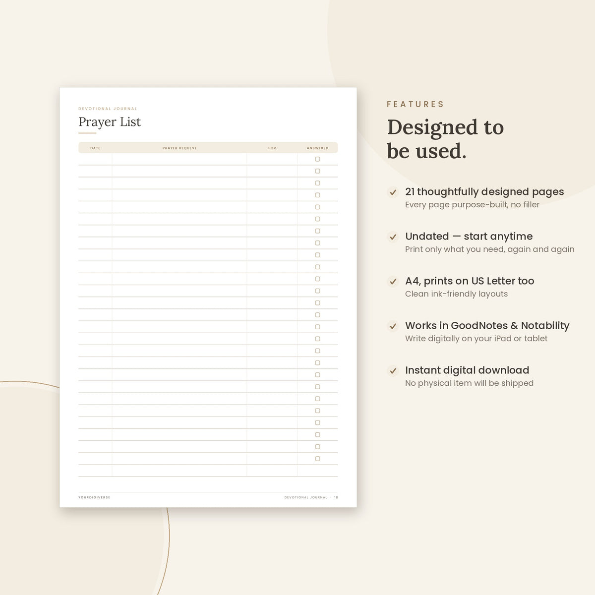 Devotional Journal sample page (Prayer List) – undated A4 printable, GoodNotes-ready