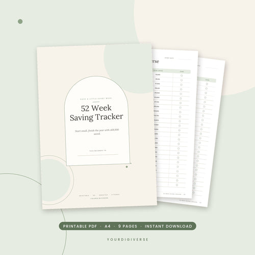 52 week money challenge – 52 Week Saving Tracker A4 PDF cover, instant download from YourDigiverse