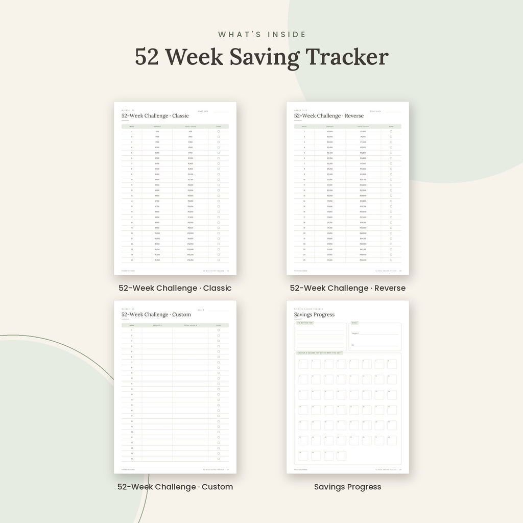 Inside the 52 Week Saving Tracker printable: 52-Week Challenge · Classic, 52-Week Challenge · Reverse, 52-Week Challenge · Custom pages