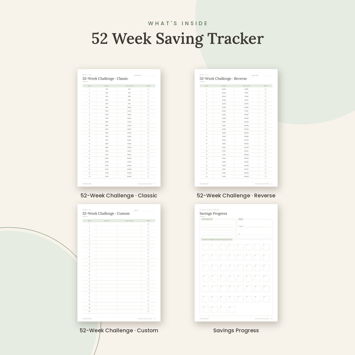 Inside the 52 Week Saving Tracker printable: 52-Week Challenge · Classic, 52-Week Challenge · Reverse, 52-Week Challenge · Custom pages