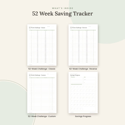 Inside the 52 Week Saving Tracker printable: 52-Week Challenge · Classic, 52-Week Challenge · Reverse, 52-Week Challenge · Custom pages